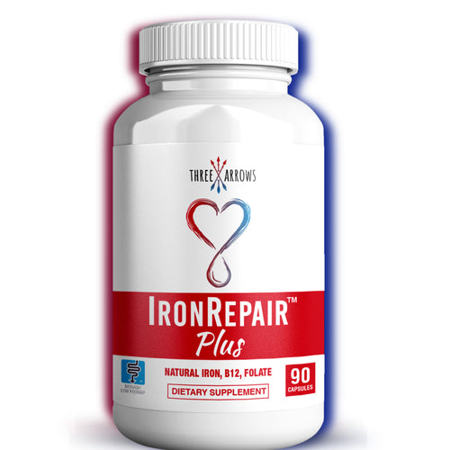 Three Arrows Iron Repair gentle heme iron supplement for low ferritin and hemoglobin support with clean label ingredients. 90 capsules per bottle dietary supplement for anemia