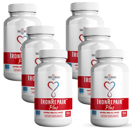Three Arrows Iron Repair 6 bottle bundle pack gentle heme iron supplement for low ferritin and hemoglobin support with clean label ingredients. 90 capsules per bottle dietary supplement for anemia